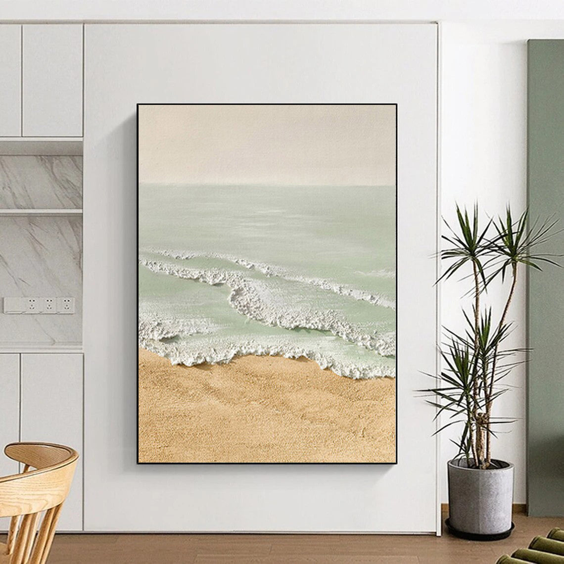Unique Abstract Art Beige, Green & White Textured Seascape Abstract Painting On Canvas PT075