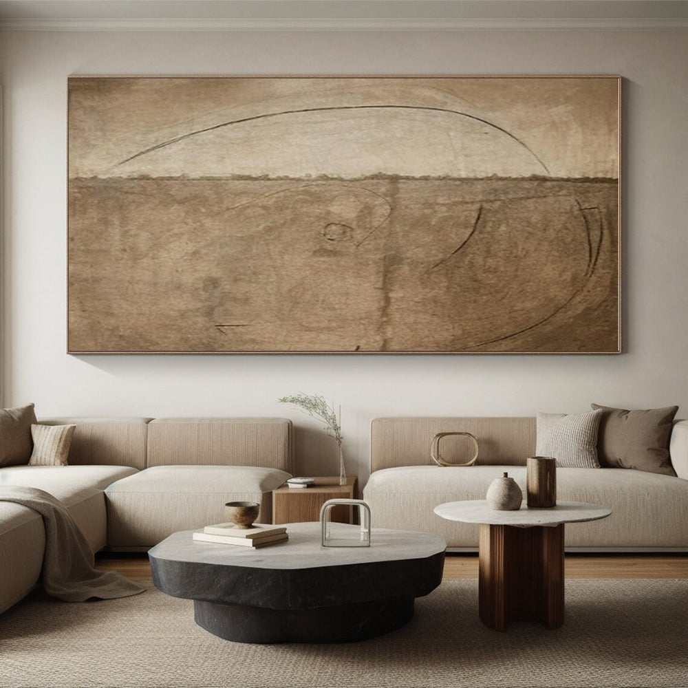 Minimalist Canvas Art - Monochrome Brown & Beige Subtle Lines Abstract Drawing PT563