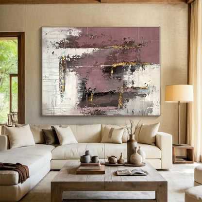 Hand Painted Art Pink Gray Gold Textured Abstract Art PT421