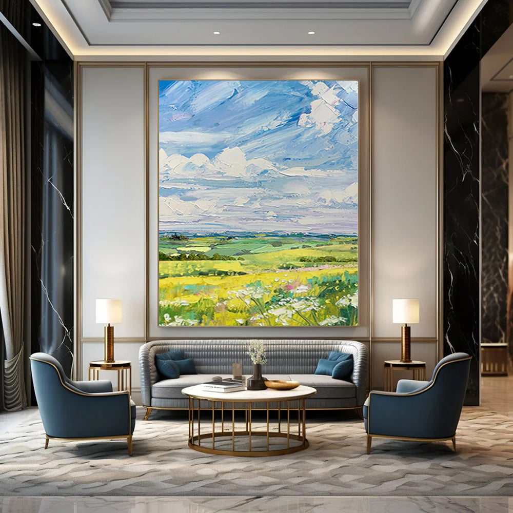 Large Painting In Living Room Colorful Landscape with Sky and Fields Acrylic Modern Art DPS420