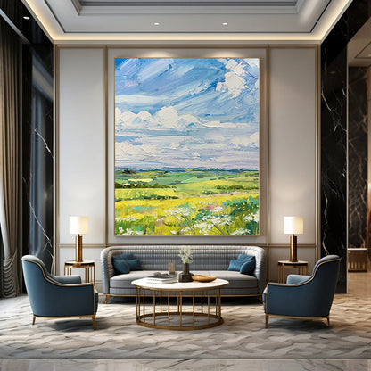 Large Painting In Living Room Colorful Landscape with Sky and Fields Acrylic Modern Art DPS420