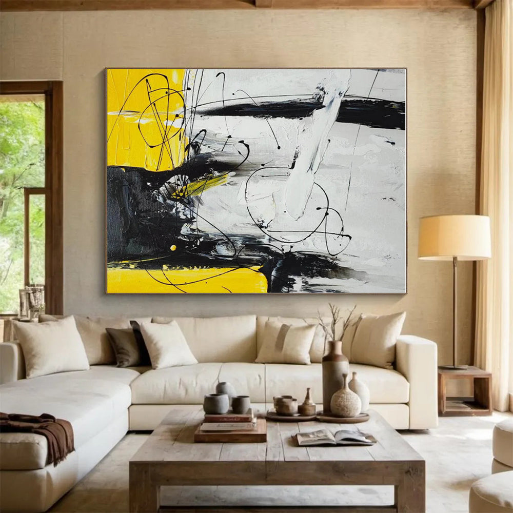 Unique Abstract Art Black White Yellow Textured Abstract Art PT405