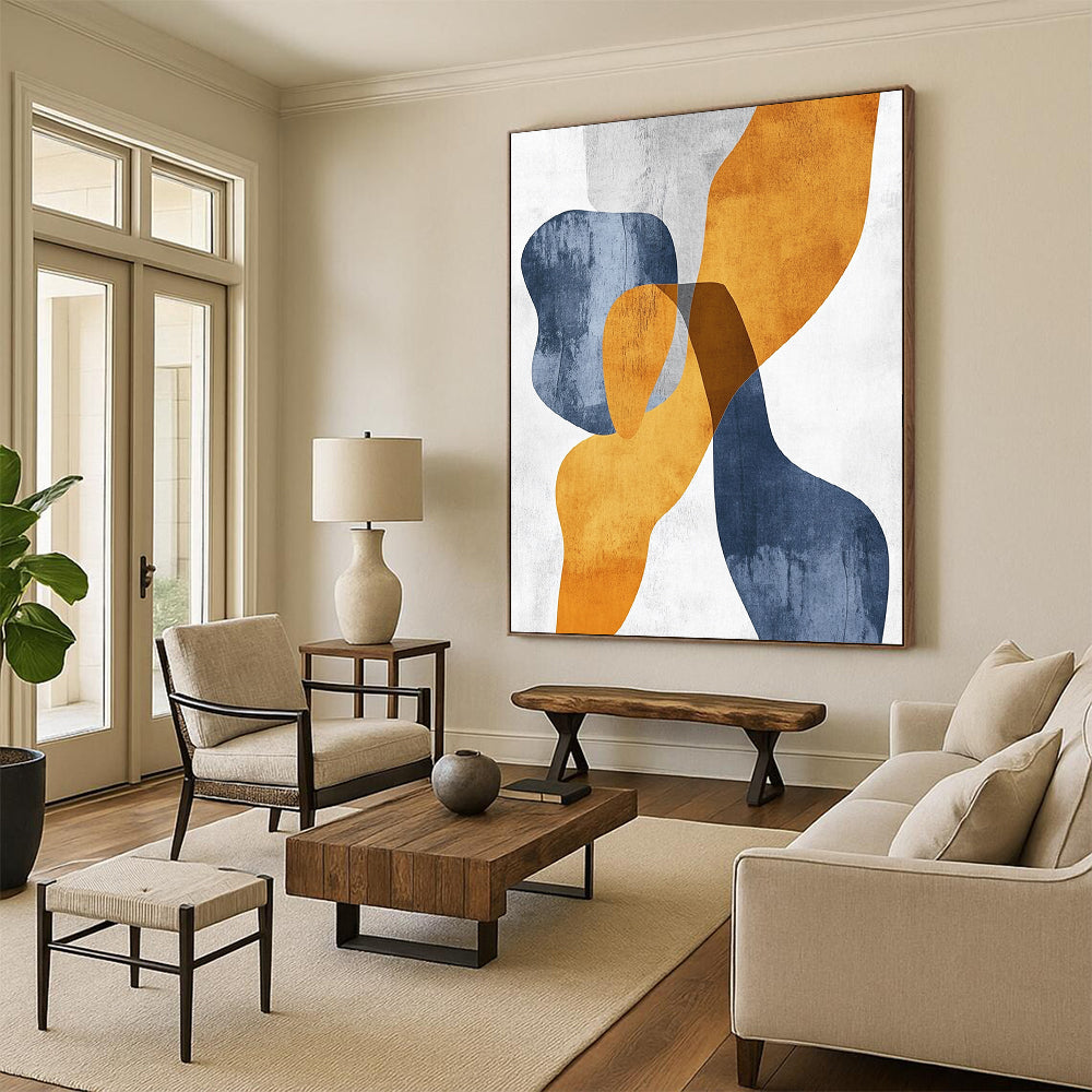 Handmade Art Orange, Blue & Gray Geometric Abstract Painting On Canvas PT124
