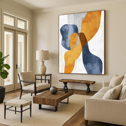 Handmade Art Orange, Blue & Gray Geometric Abstract Painting On Canvas PT124