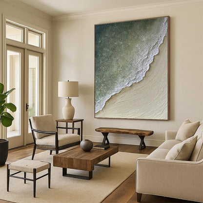Oversized Abstract Wall Art Green, Beige, and White Textured Abstract Seaside Art DPS462