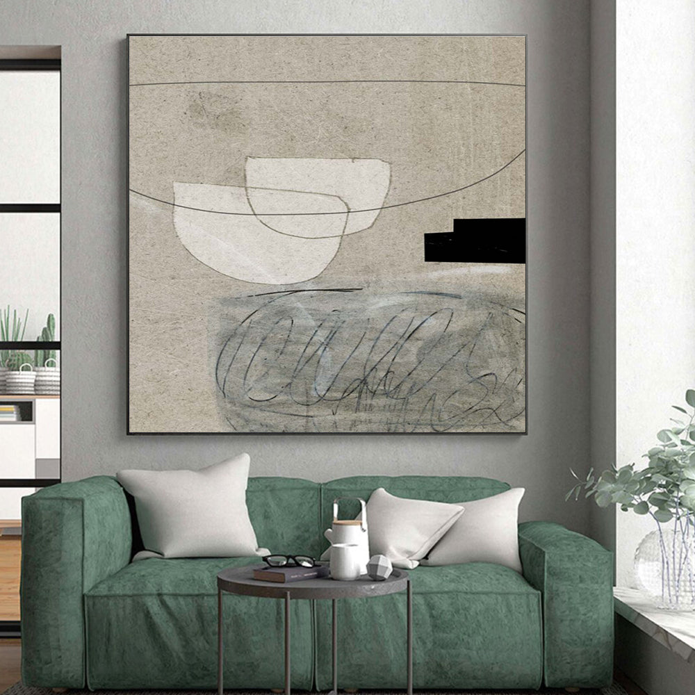 Minimalist Canvas Art in Beige, White, and Black Abstract Geometric Shapes PT242