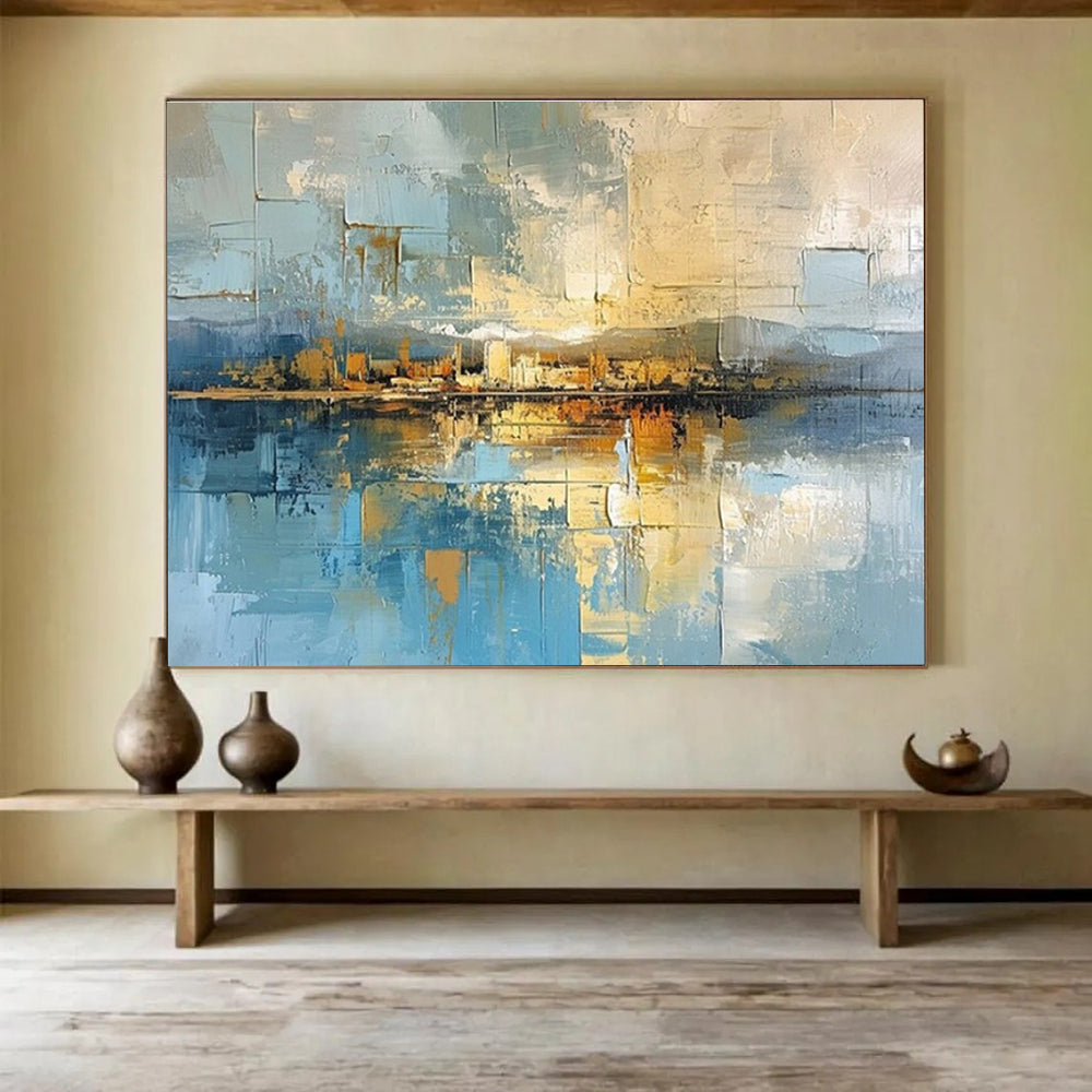 Hand-Painted Blue, Beige, and Gold Abstract City Reflection Art HPS381