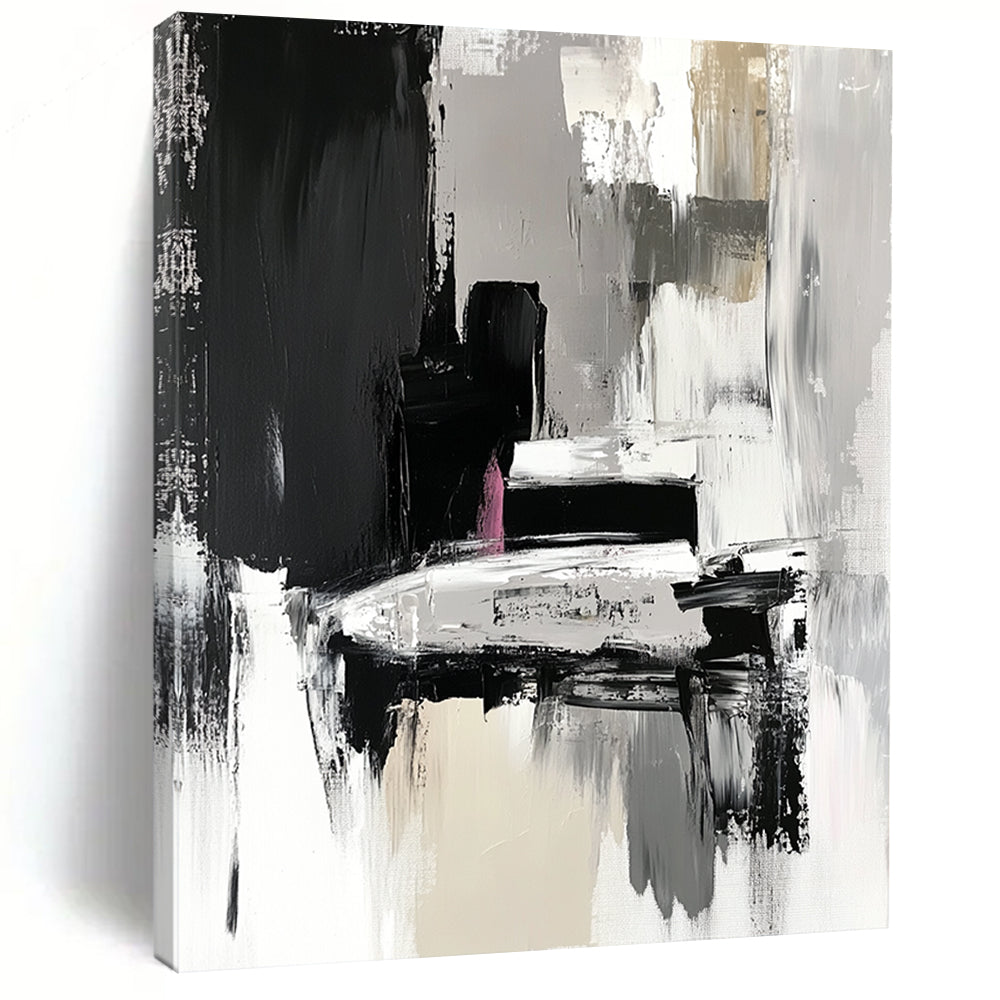 Large Abstract Painting For Living Room, Black Gray White Pink Abstract Textured Art PT151