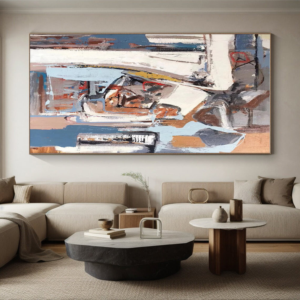 Unique Abstract Art with Blue, Gray, White, and Brown Geometric Abstract Shapes, Large Contemporary Wall Art PT215