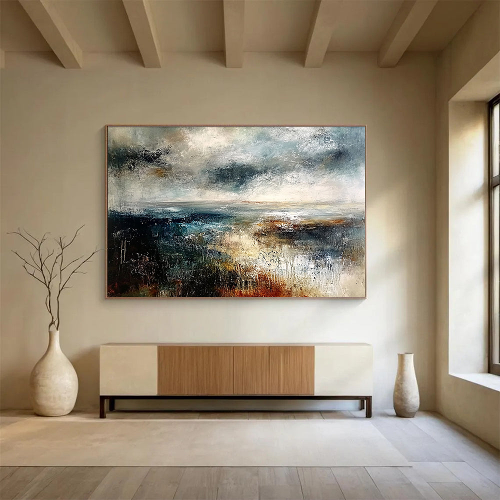 Large Contemporary Wall Art Multicolor (Blue, Gray, Brown, White) Textured Landscape Abstract Painting HPS279