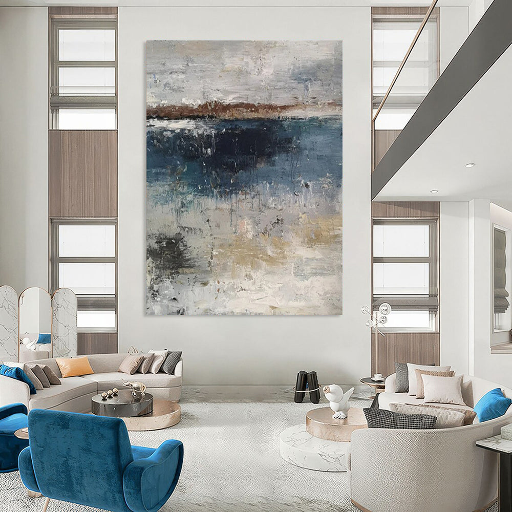 Large Painting In Living Room Gray, Blue & Beige Abstract Waterfront, Modern Art Acrylic DPS500