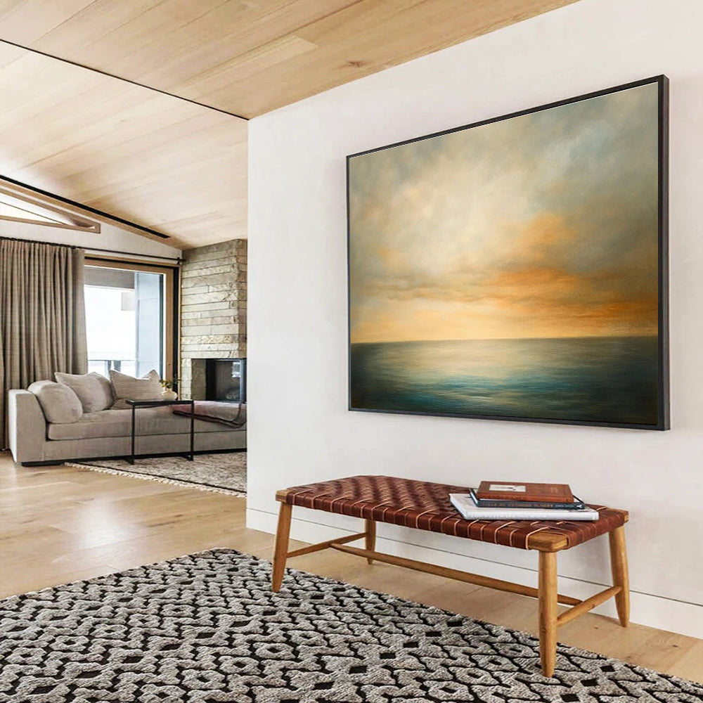 Paintings For House Beige, Orange, and Blue Serene Seaside Sunset HPS320