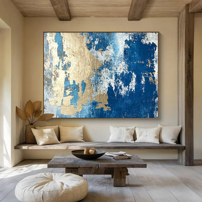 Large Size Blue, Gold & White Textured Abstract Painting HPS262