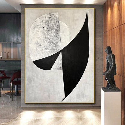 Custom Large Abstract Art For Living Room With Black, White, Gray Geometric Abstraction On Canvas PT189