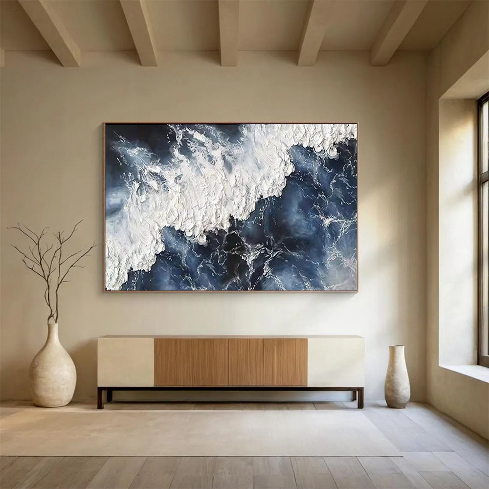 Unique Abstract Art Blue & White Dynamic Wave Acrylic Painting HPS225