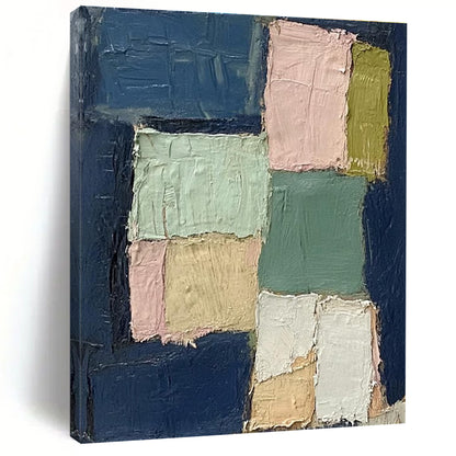 Handmade Art with Navy, Pink, Green, and Beige Textured Blocks, Paintings For House PT205