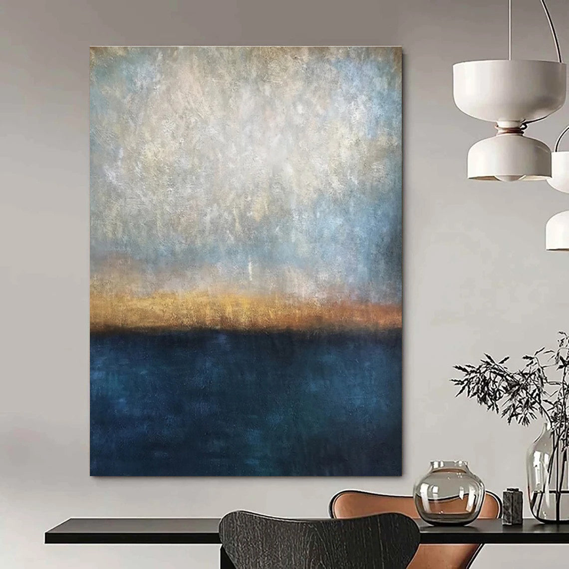 Large Size Blue, Beige & Orange Abstract Sunset Over Water, Modern Art Acrylic DPS503