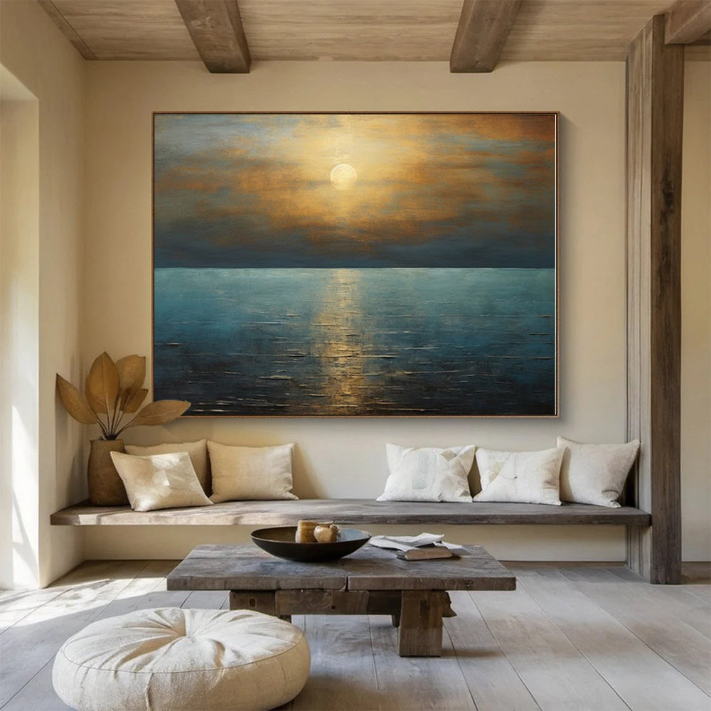 Acrylic Modern Art Paintings Golden Sunset Over Blue Sea Abstract On Canvas HPS034