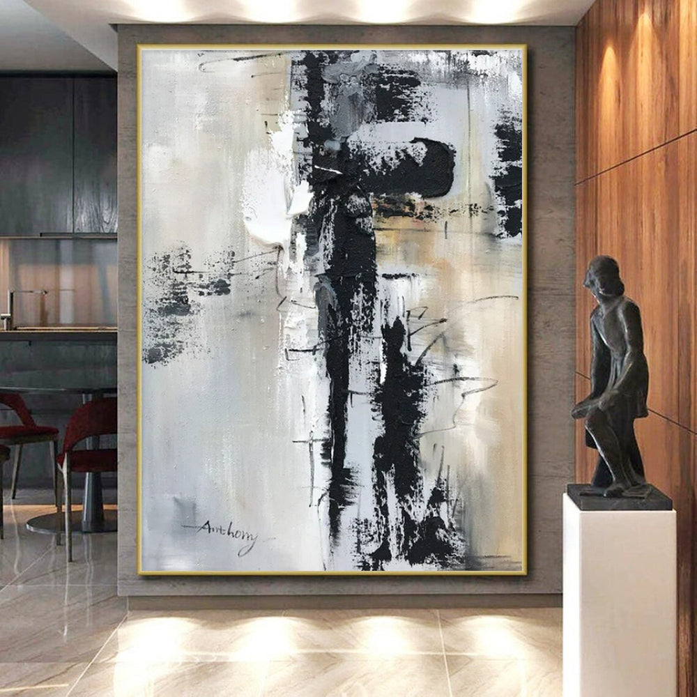 Large Contemporary Wall Art - Black, White & Beige Textured Abstract Art with Dynamic Lines PT587