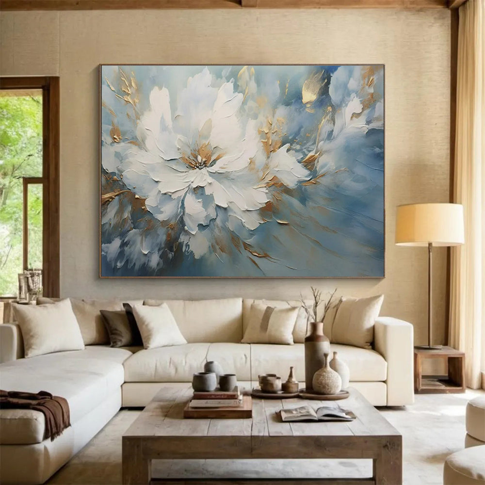 Oversized Abstract Wall Art Blue, White, and Gold Textured Abstract Floral Art HPS407