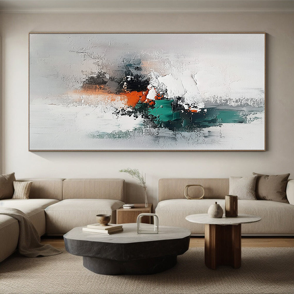 Big Abstract Painting On Canvas With Gray, Teal, Orange Textured Abstract Composition On Canvas PT198
