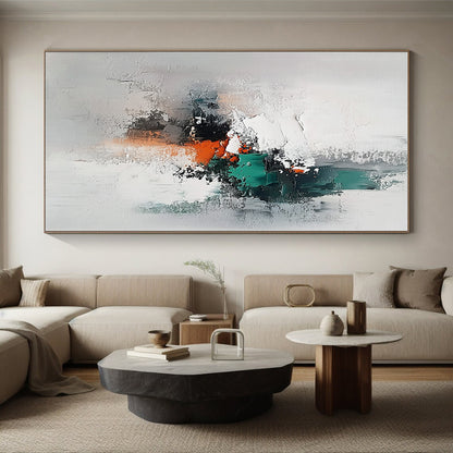 Big Abstract Painting On Canvas With Gray, Teal, Orange Textured Abstract Composition On Canvas PT198