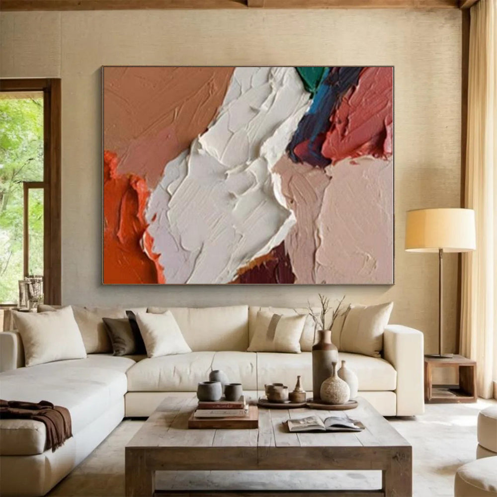 Acrylic Modern Art Paintings in Beige, White, Coral, and Brown Textural Abstract Shapes PT254