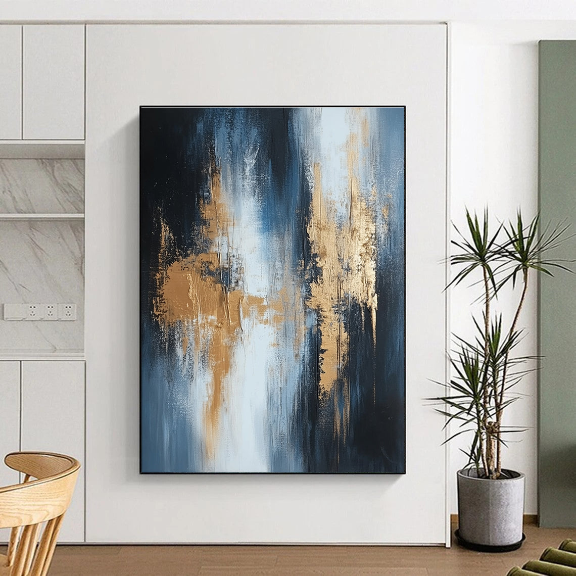 Unique Abstract Art Blue, Gold & Gray Textured Abstract Painting On Canvas PT115