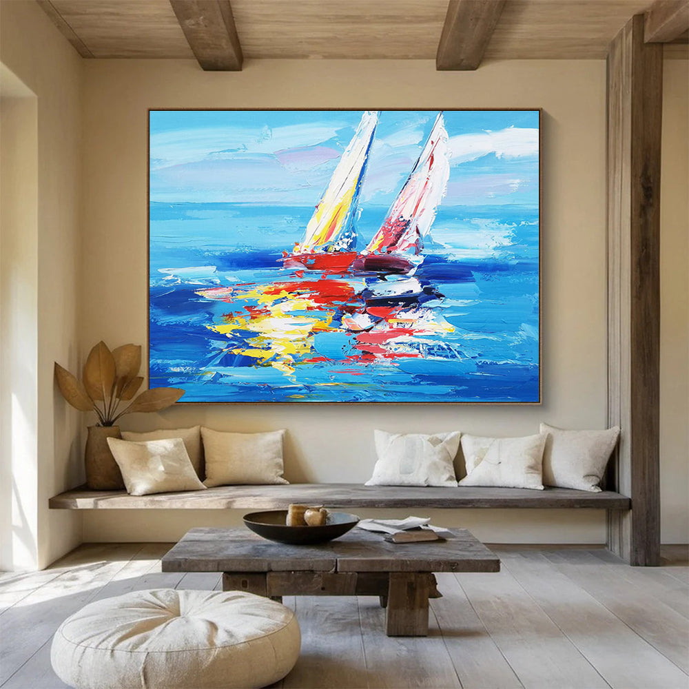 Hand Painting Blue, Red & Yellow Sailboat Impressionistic Acrylic Painting HPS232