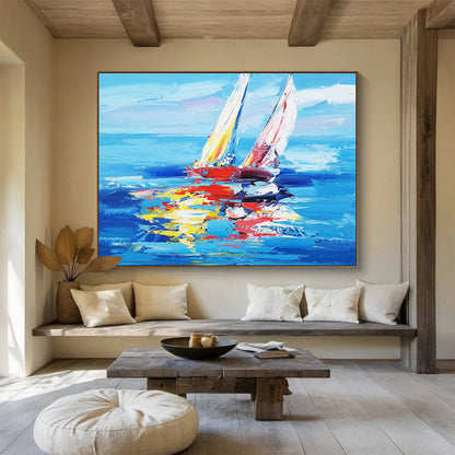 Hand Painting Blue, Red & Yellow Sailboat Impressionistic Acrylic Painting HPS232