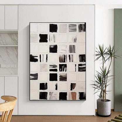 Hand Painted Art Black, White and Gray Grid Abstract Composition, Acrylic Modern Art Painting PT555