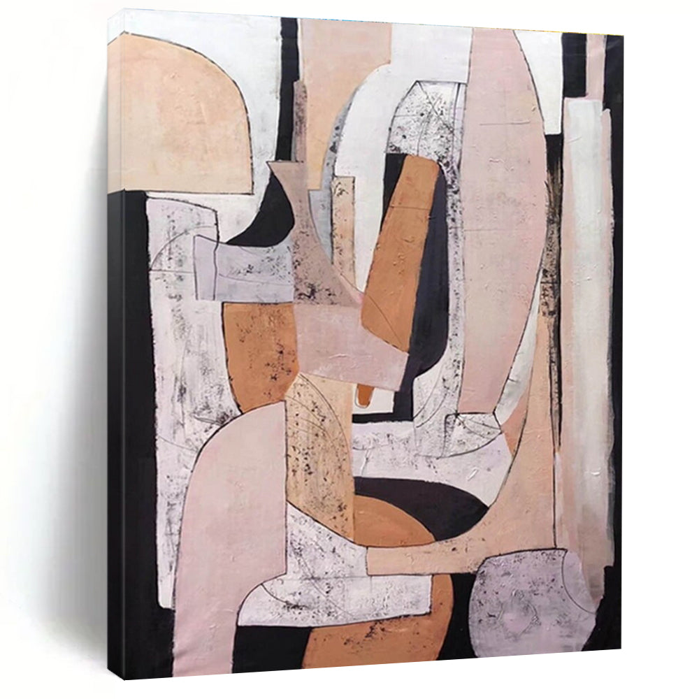 Large Contemporary Wall Art in Beige, Pink, Black, and White Abstract Geometric Compositions PT247