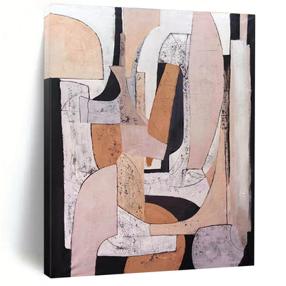 Large Contemporary Wall Art in Beige, Pink, Black, and White Abstract Geometric Compositions PT247
