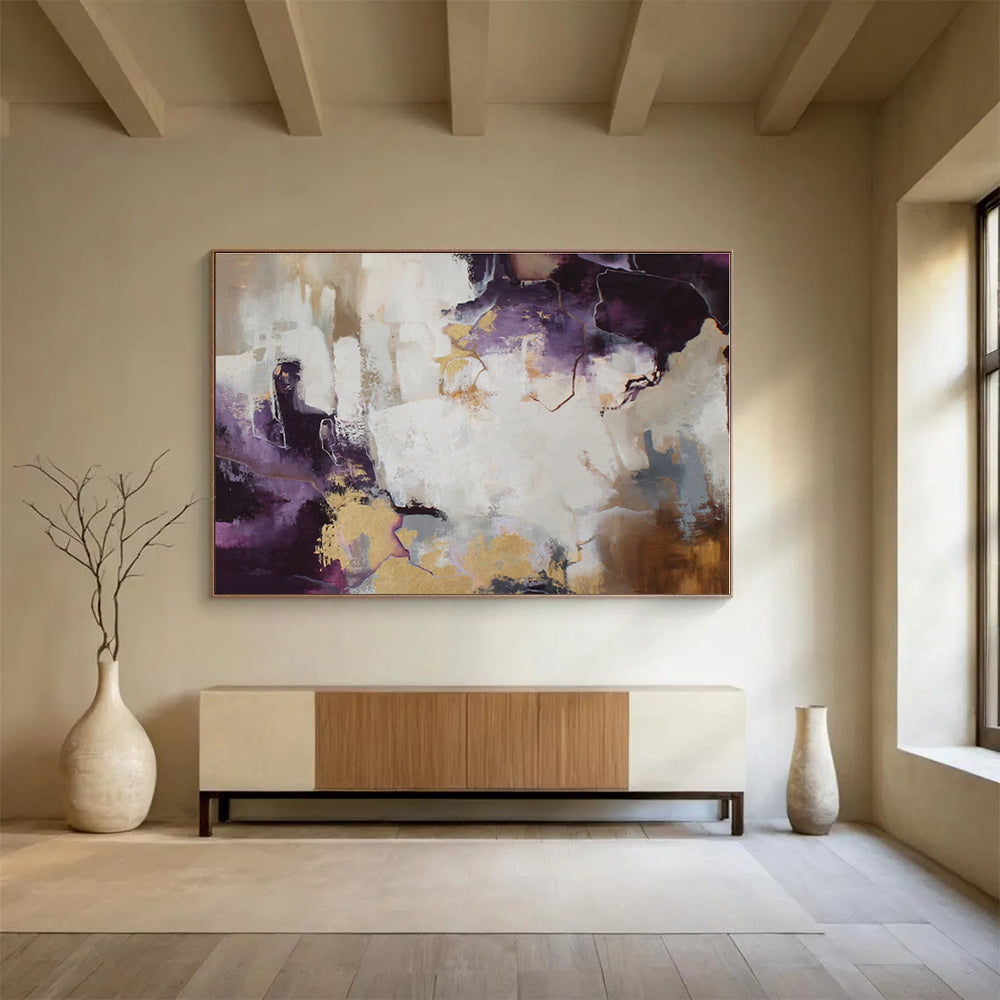Modern Art Acrylic Purple, Gold & White Abstract On Canvas HPS045