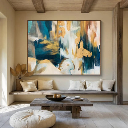 Paintings For House Teal, Gold, and Beige Textured Abstract Art HPS380