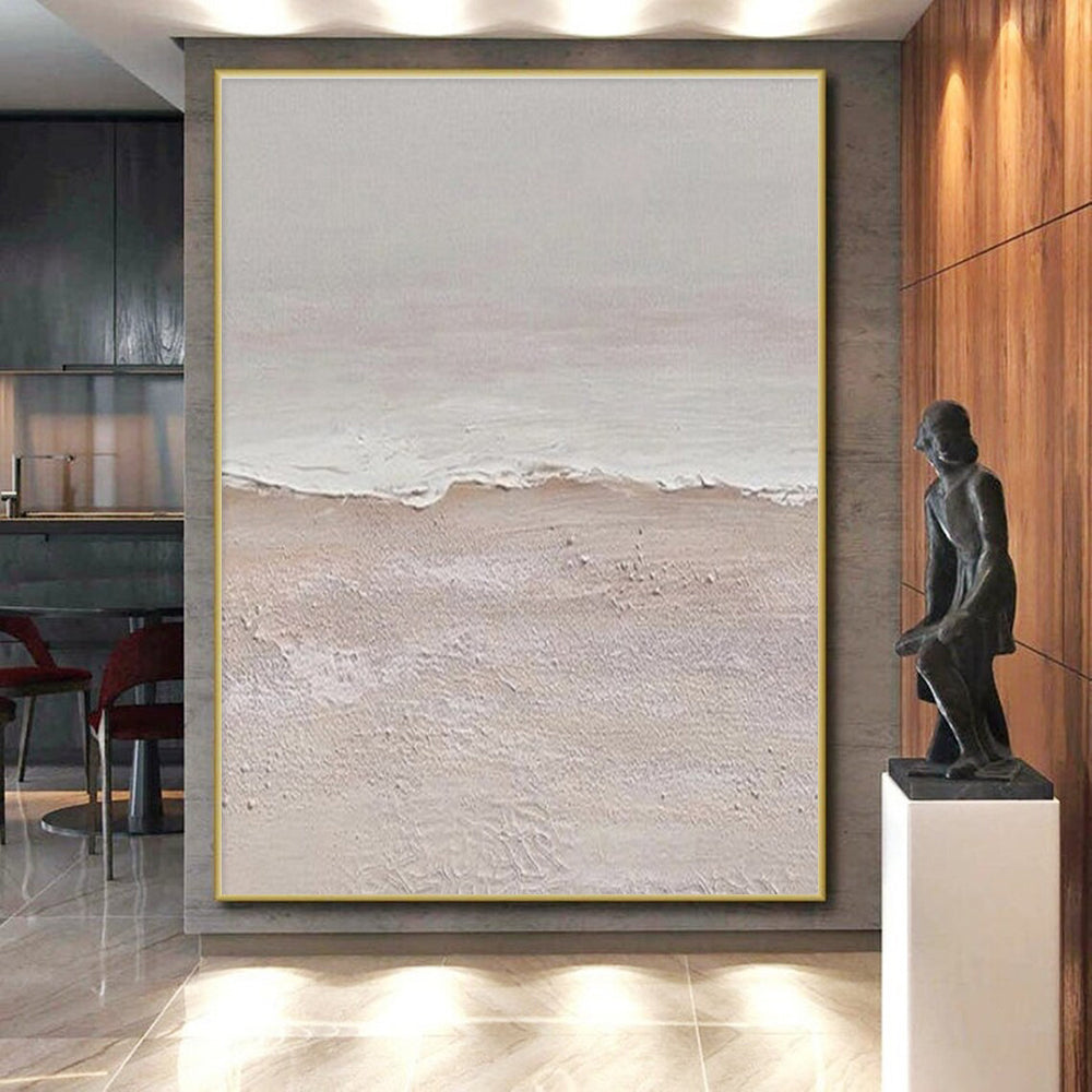 Hand Painting Beige and White Textured Abstract Seaside, Acrylic Modern Art Painting PT550