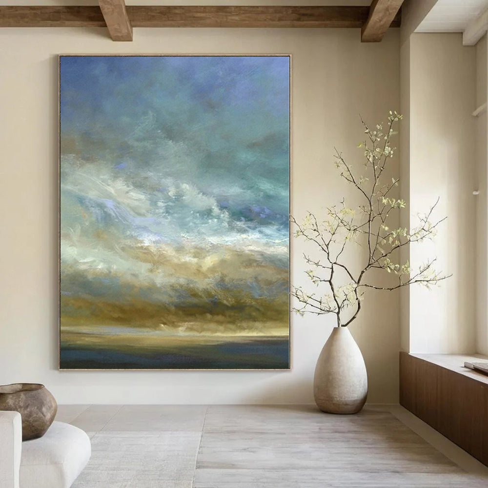 Hand-Painted Blue and Beige Sky and Horizon Abstract Landscape Painting DPS416
