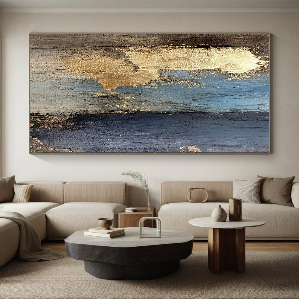 Large Abstract Art For Sale With Blue, Black, Gold Textured Accents On Canvas PT184