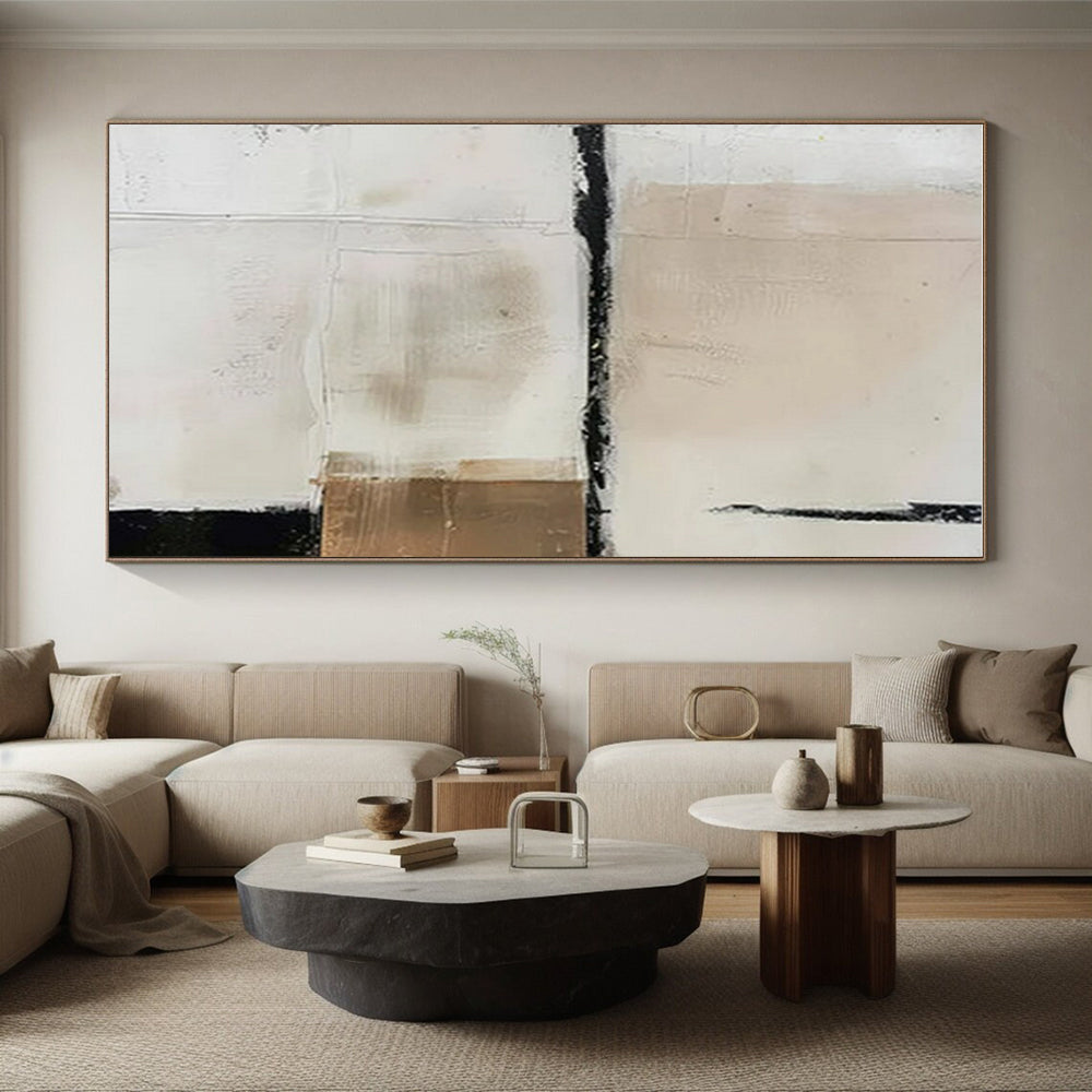 Hand-Painted Beige, Black, and Gold Textured Abstract Art PT785