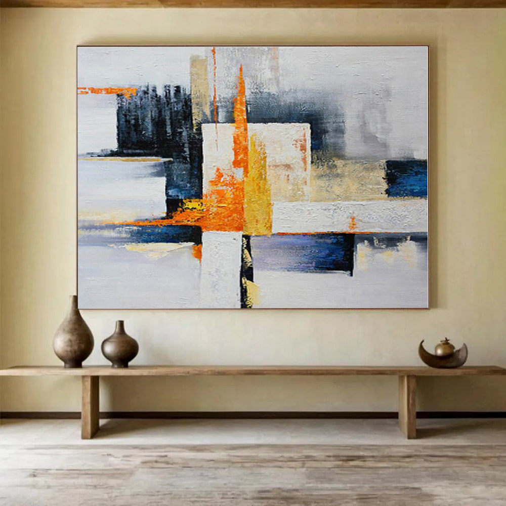 Hand Painted Art Orange, Blue, White & Yellow Geometric Abstract On Canvas HPS065