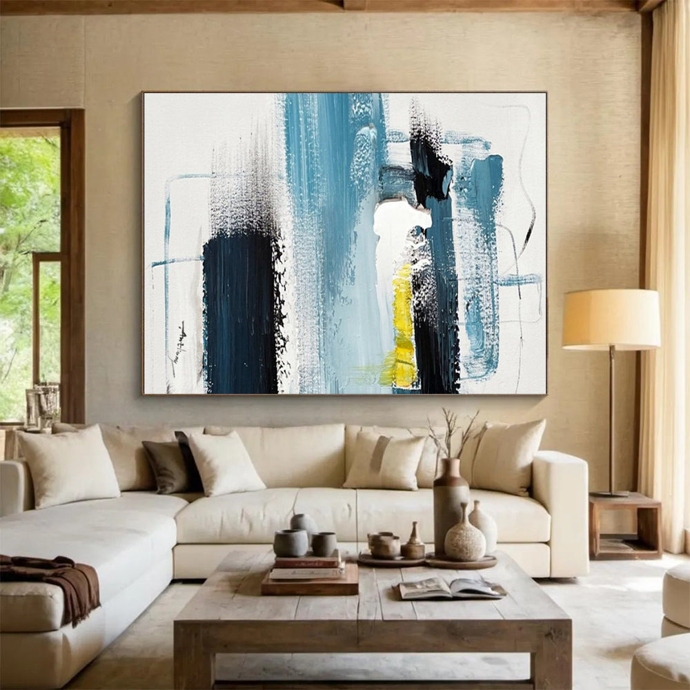 Cool Abstract Paintings - Blue, Black, White & Yellow Textured Abstract Art PT586