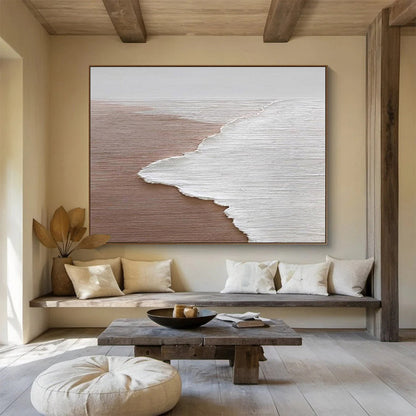 Large Painting In Living Room Beige & White Abstract Coastal Art HPS220