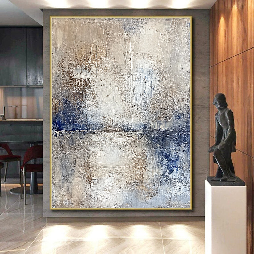 Hand Painted Art Beige, Gray & Blue Textured Abstract Painting On Canvas PT123