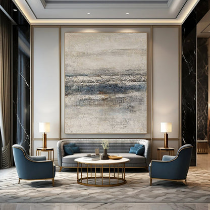 Huge Size Beige & Blue Textured Abstract Landscape, Large Contemporary Wall Art DPS488