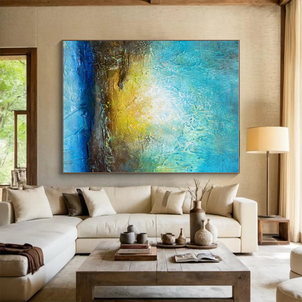Cool Abstract Paintings with Turquoise, Yellow, and Blue, Hand-Painted Modern Art PT290