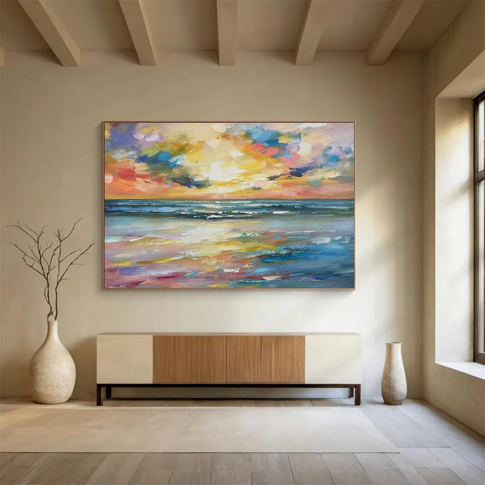 Large Painting In Living Room Multicolor Abstract Seaside Sunset Art HPS405
