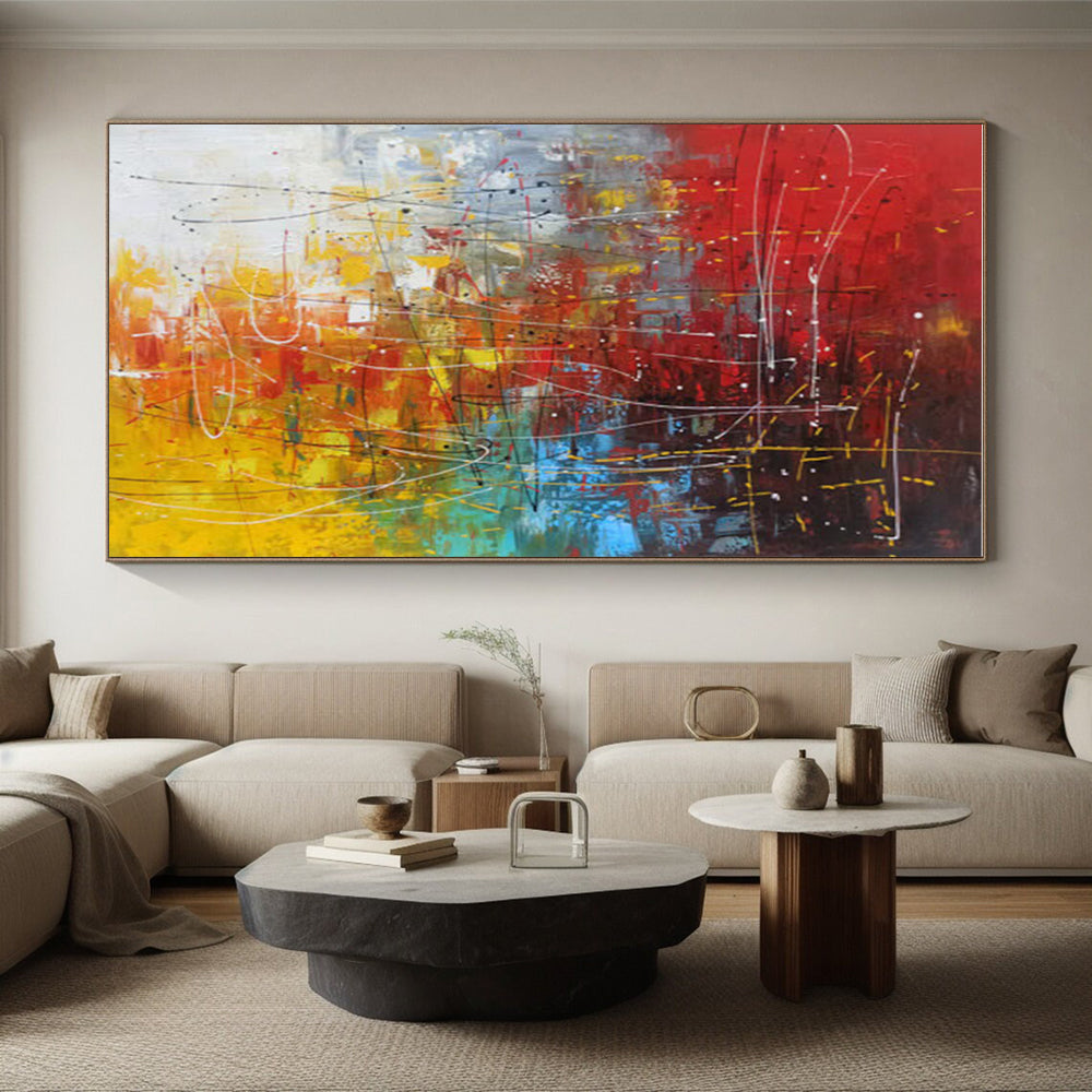 Oversized Abstract Wall Art in Red, Yellow, Blue, Green, and White Abstract Lines and Shapes PT249