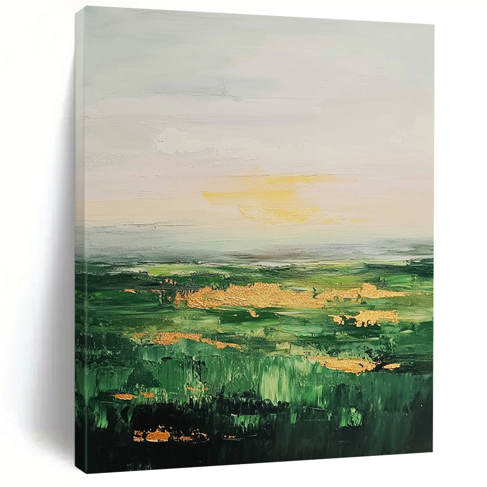 Large Contemporary Wall Art Green, Gold, and Gray Abstract Landscape Painting DPS436