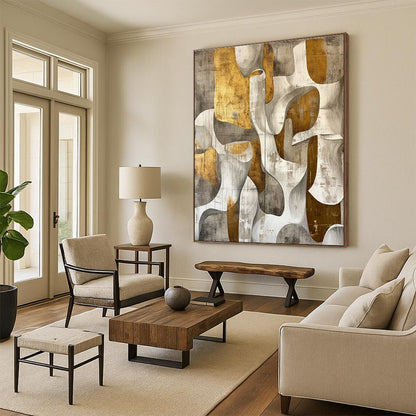 Hand Painted Art with Gold, Gray, and White Organic Abstract Shapes, Large Contemporary Wall Art PT204