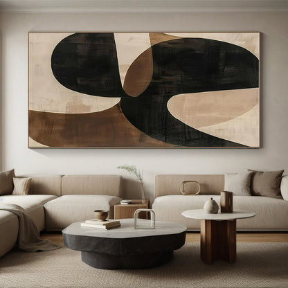 Handmade Art - Black, Brown & Beige Geometric Abstract Art with Flowing Forms PT600
